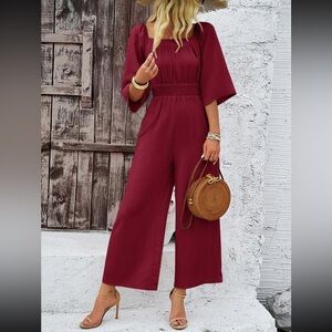 SHEIN 3/4 Sleeve Burgundy Jumpsuit